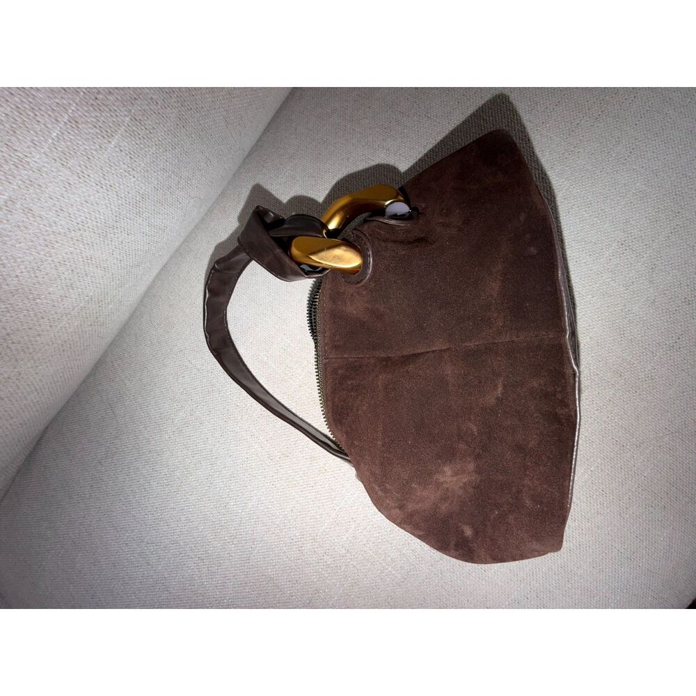 Chocolate Brown Faux Suede Handbag – Gold Hardware – Women’s Shoulder Bag